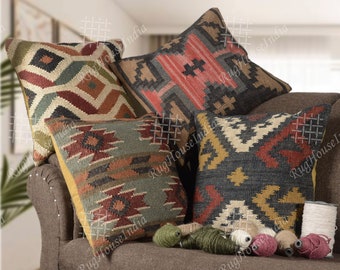Set of 4 45x45cm Designer Wool Jute Pillowcases, Handmade Cushion Cover, Floor Pillow Cover, Natural jute Pillow handwoven Bohemian Pillows