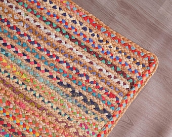 Hand Braided Cotton Jute Multicolor runner rugs, 2x10ft stair decor carpet, Colorful boho stylish cotton chindi rug, Vintage modern home rug
