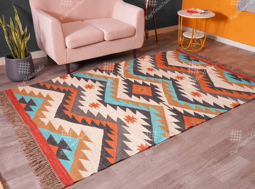 Indian Handwoven Kilim Wool Jute Rug, Large Area Rug, Bohemian Kilim
