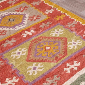 Vintage Wool Jute Kilim Rug, Handmade, Wool and Jute Rug Handmade, Kilim Dhurrie Rug