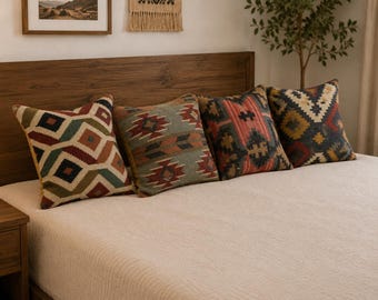 Vintage Traditional Wool jute bedroom decor cushion cover, 18x18inches Geometric jute pillow set, 4 set sofa decor kilim cushions and pillow