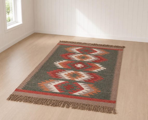 Handwoven Wool Jute Rug, Kilim Area Rug, Natural Fiber Flatweave Rug, Indian Dhurrie, Boho Tribal Rug, Custom Size kilim rug for living room