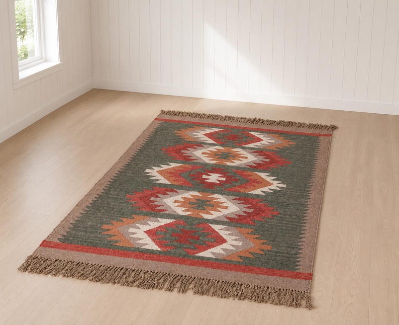 Ręcznie tkany dywan z juty wełnianej, dywan kilimowy, dywan płasko tkany z włókien naturalnych, indyjski dhurrie, dywan w stylu boho, dywan kilimowy na wymiar do salonu zdjęcie 1