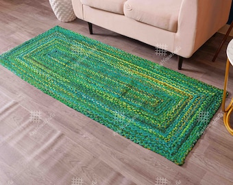 Hand Braided Bohemian Green Cotton Chindi Rug multi colors Home Decor Rugs cotton area rugs Rectangle/Runner shape braided rug rag floor mat