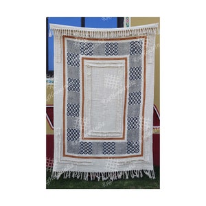 Embroidered Bohemian Mud Cloth Throw Blanket with Tassels Hand Loomed Block Print Cotton Sofa Throw for Living Room