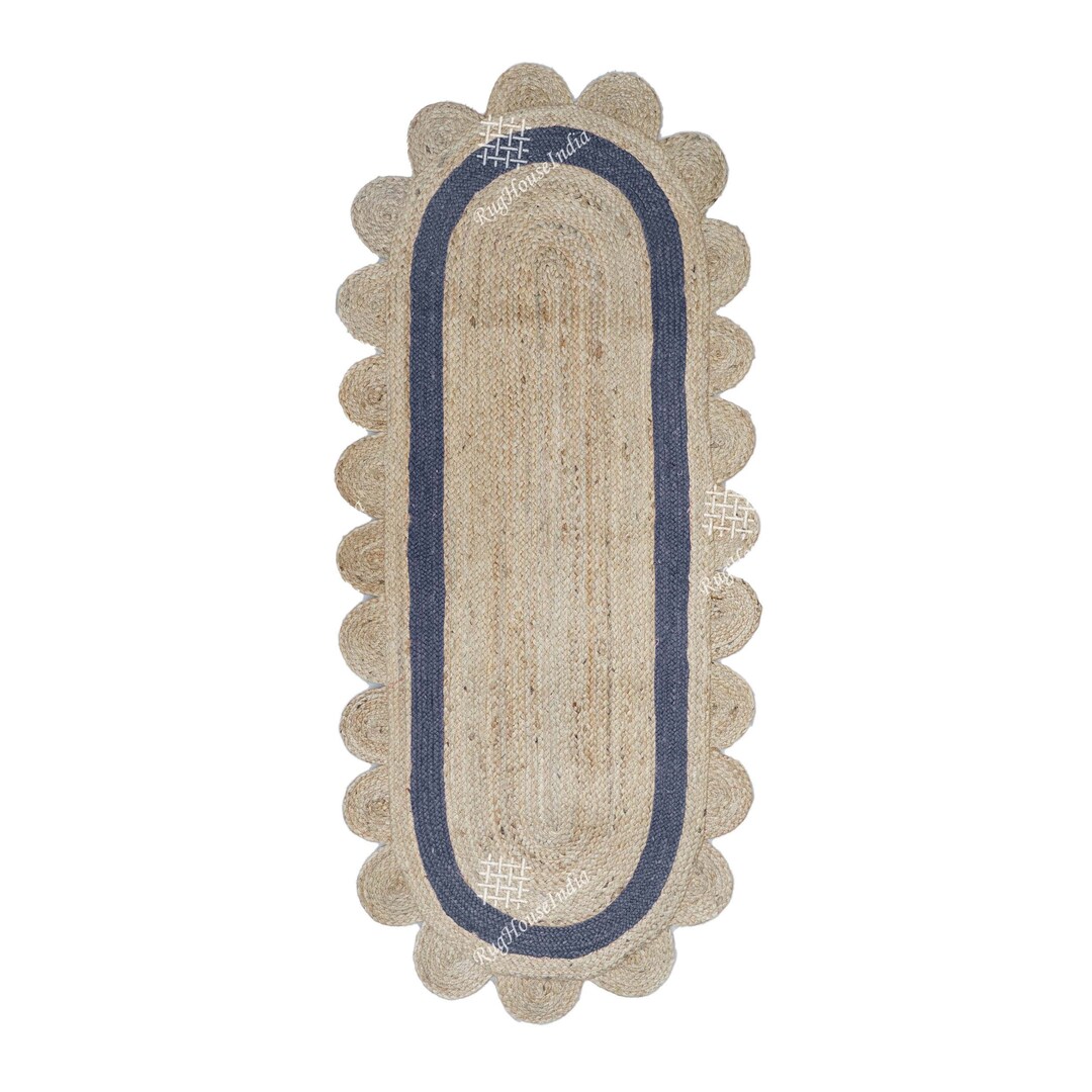 Scalloped Jute Oval Runner Rug Scalloped Design Rug Navy Blue Border
