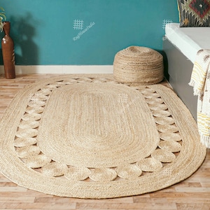 4x6 5x8 6x9 8x10 Handmade Braided Natural Jute Oval Rug With Blue