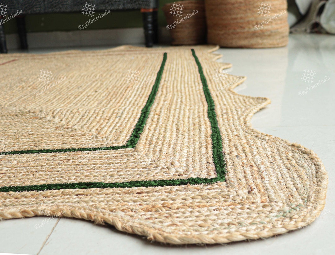 Natural Jute Rug With Green Border Hand Braided Rug Runner Doormat
