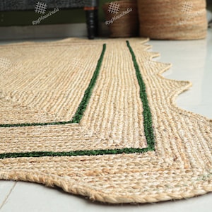 Beige Jute Rug With Green Border Hand Braided Rug Runner Doormat Handmade Border Jute Area Rug Beige Sustainable Rug Bohemian Eco Rugs