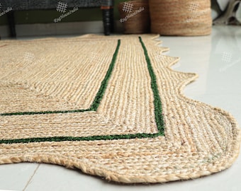 Beige Jute Rug With Green Border Hand Braided Rug Runner Doormat Handmade Border Jute Area Rug Beige Sustainable Rug Bohemian Eco Rugs