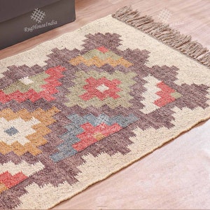 Handgefertigter Kilim Wolle Jute Läufer Boho Eco Freundlicher Woll-Jute Kilim Läufer| Reversible Handmade Classic Treppe | Vintage Antik Teppich