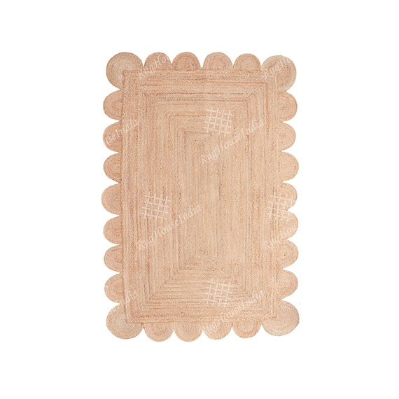 Handmade Scalloped jute rug : Solid and color border, Custom size rug, bohemian farmhouse carpet
