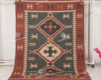 Alfombra Kilim de yute y lana hecha a mano: Alfombra Dhurrie vintage con flecos.