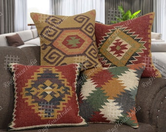 Set of 4 Handmade 45x45cm jute cushion covers,Throw Pillow Set, Bohemian Pillow Covers,Throw Pillow,Kilim Pillow Cover, Moroccan pillow