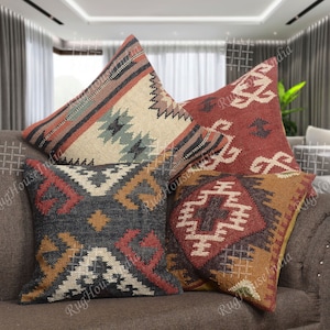 4 Set jute Vintage Kilim Pillow covers,HomeDecor Handwoven Turkish Pillowcases,Moroccan cushion,Throw cushion cover,Kilim jute Cushion Cover
