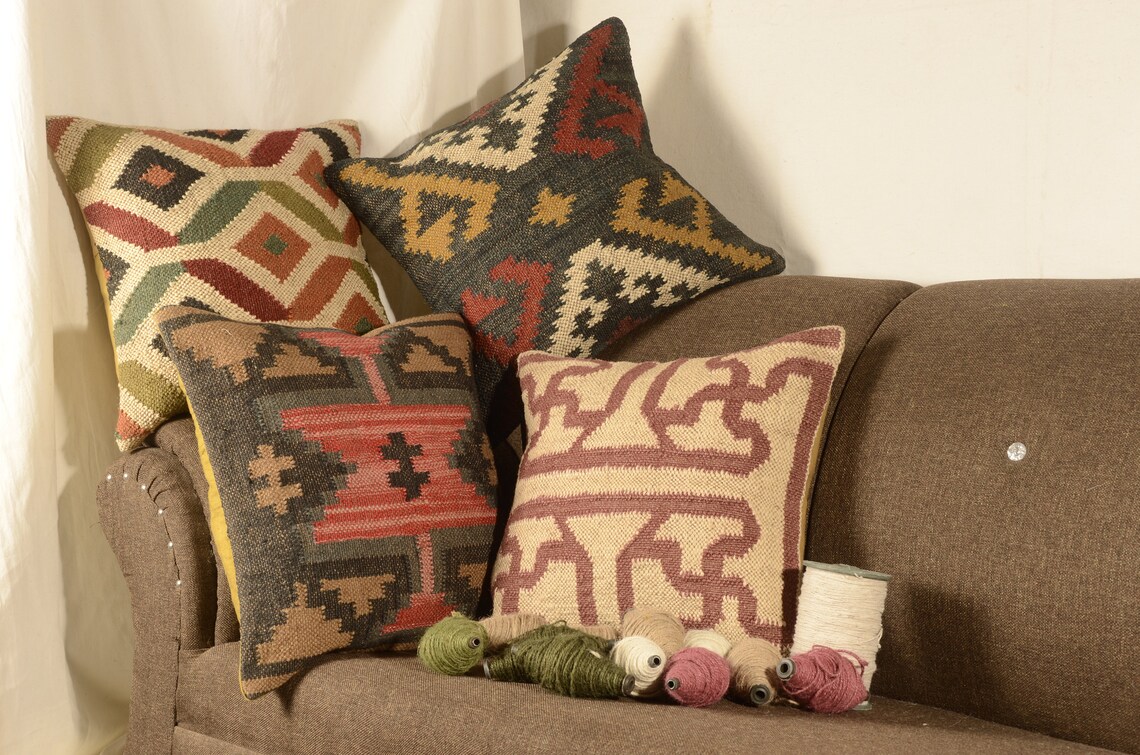 4 Set of Indian Hand Woven Chouhan Rugs Jute Cushion Cover Etsy