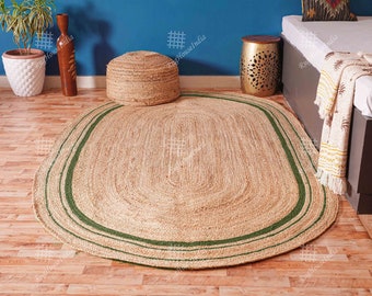 Handmade oval jute area rugs for home decor, Natural fiber jute texture oval carpets for Interior, Triple line border pattern carpet