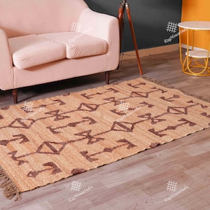 Beige Hemp Jute Rug With Brown Design Rug Handloomed Hemp Rectangle Jute Rug Custom Size Rug Natural Fringes Jute Rug