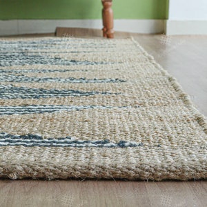 Hand Loomed Natural Jute Runner Rug White & Blue Stripes Design Large Area Rug Custom Size Vintage Rug Decorative Rugs Boho Rug Hemp Dhurrie