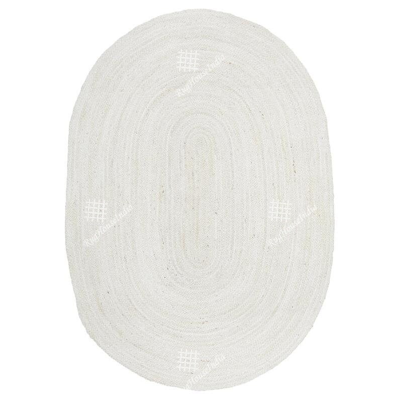 May include: An oval-shaped area rug featuring a braided texture in an off-white color. The rug displays a repeating grid pattern watermark across its surface, with the text RugHouseIndia visible in a light, semi-transparent font throughout.