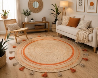 Handwoven Round orange stripe jute rugs for living room decor, natural circular jute rug with fringes doormat, Bohemian large area carpet