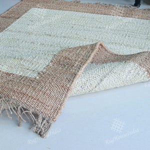 White Hemp Jute Rug With Beige Border And Natural Fringes Custom Size Rug