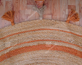 Custom Size Hand Braided Orange Round Natural Jute Rugs With Fringes Natural Fiber Rug Handmade Indian Area Floor Rug Eco Rug Bohemian Rug