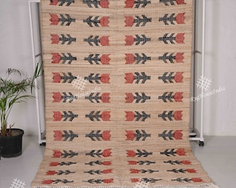 Beige Jute and Cotton Rug with Red Flower Natural Jute Hand Woven Premium Quality Boho Style Rug Moroccan Nordic Rug Bohemian Decor Rug