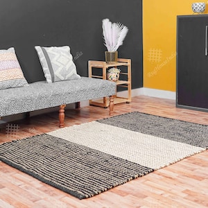 Hand Loomed Beige, White and Black Stripes Jute Hemp Rug Handmade Rugs Large Area Jute Rug Custom Size Vintage Rug Decorative Rugs Boho Rug