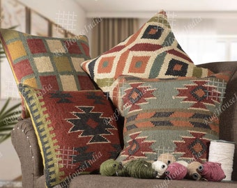 4 set yute Vintage Kilim almohada, HomeDecor, almohada turca tejida a mano, almohada marroquí, cubierta de cojín Kilim de tiro decorativo, fundas de almohada de yute de lana