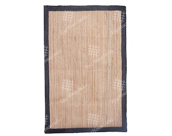 Custom Size Handmade Natural Jute Rug Rectangle Doormat Hand Braided Rug With Black Border Rug Rectangle Jute Carpet Turkish Boho Rug