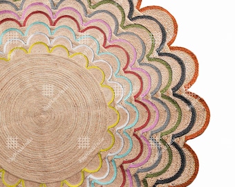 Custom Size/Color Hand Braided Round Jute Scalloped Rug, Natural Jute Braided Vintage Area Rug Indian Bohemian Rug Eco Friendly Home Decor