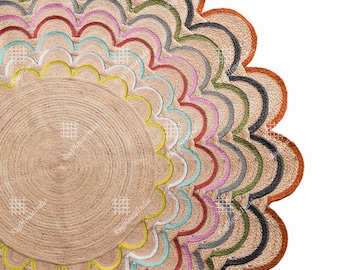 Custom Size/Color Handmade Round Jute Scalloped Rug, Natural Jute Braided Vintage Area Rug Indian Bohemian Rag Rug Eco Friendly Home Decor