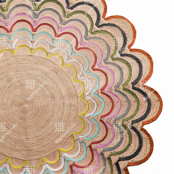 Custom Size/Color Handmade Round Jute Scalloped Rug, Natural Jute Braided Vintage Area Rug Indian Bohemian Rag Rug Eco Friendly Home Decor