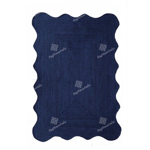 Custom Size Indian Hand Braided Rectangle Scallop Jute Rug Navy Blue Dhurrie Rug For Living Guestroom Décor Rug Vintage Jute Rug Large  Rug
