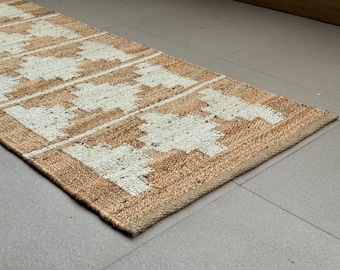 Natürlicher Hanf-Jute-Läufer für Treppenhäuser, 60 x 180 cm großer Jute-Läufer für Flure, traditioneller weißer geometrischer Hanf-Jute-Teppich, umweltfreundlich