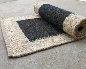 Hand Loomed Black Hemp Runner With Beige Border, Braided Jute Runner, Large Area Jute Rug, Custom Size Vintage Rug, Decorative Rugs,Boho Rug