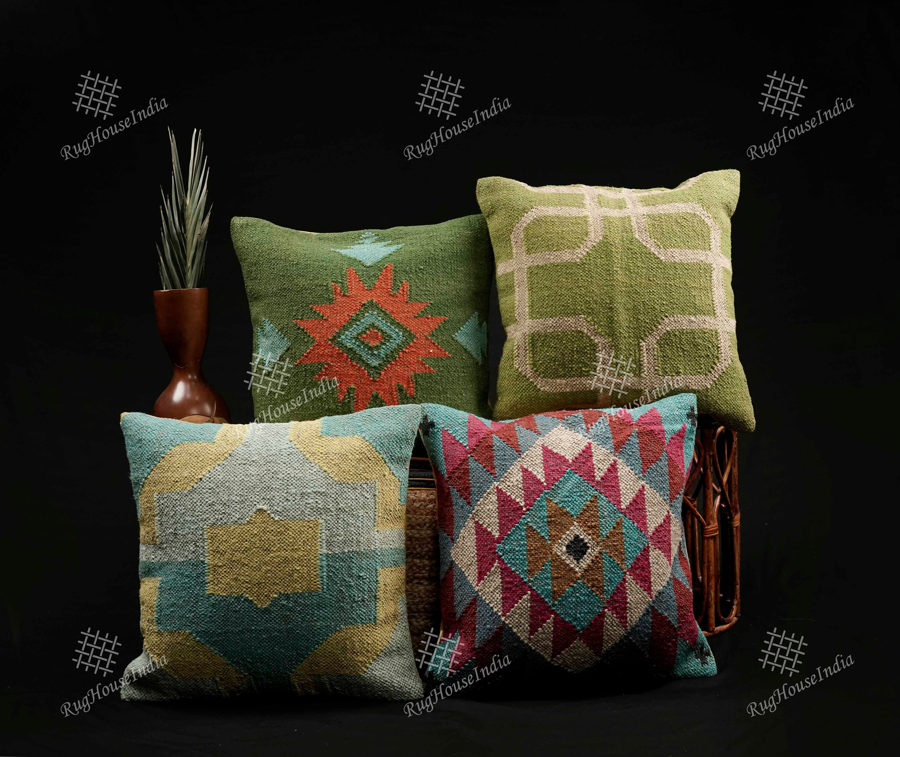 4 Set of 18"x18"Handwoven Wool Jute Cushion Cover Boho Room Decorative Pillow Cases Throw Cushion Set Bohemian Guestroom Sofa Décor Pillow