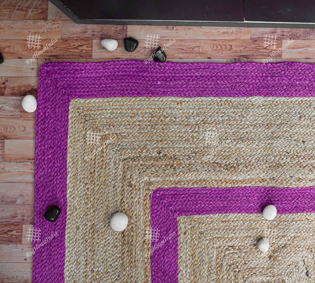 Natural Hand Braided Rectangle Beige Jute Rug With Pink Border Rug