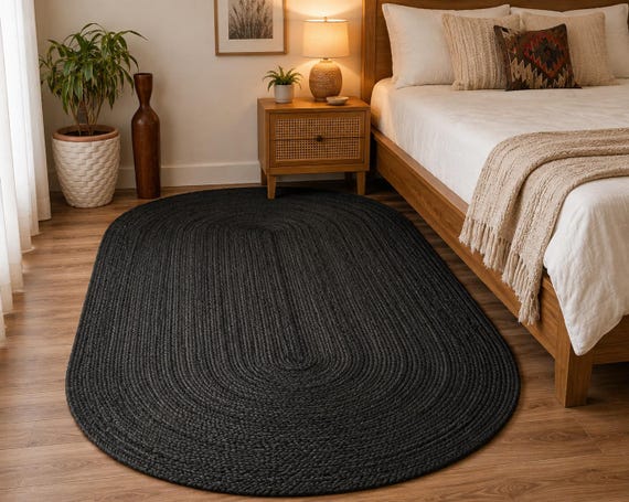 Hand Braided oval black jute rug for hallway and bedroom decor, natural plane solid oval rug, 5x8ft without edges oval doormat, eco friendly