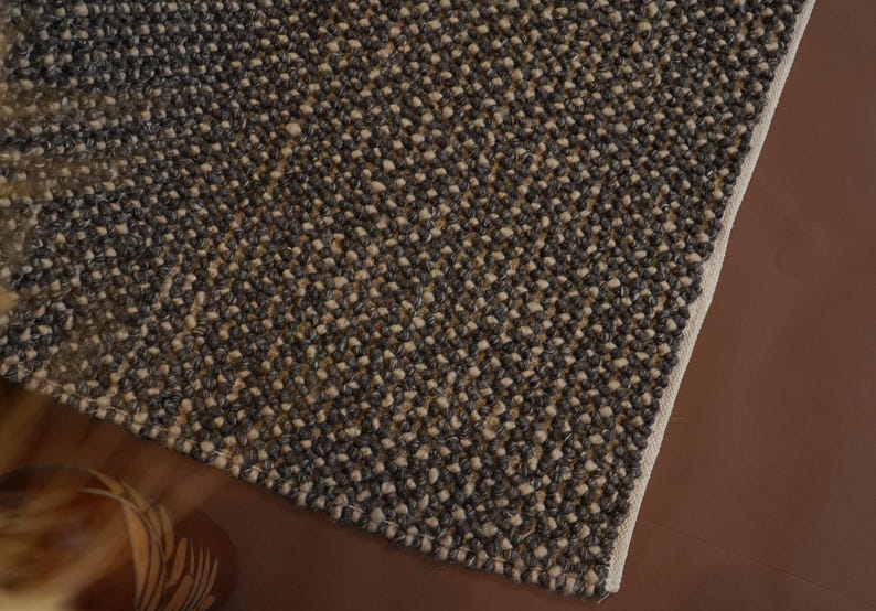 Handwoven Chunky Wool Rug: Pebble Loop Texture, Scandinavian Style Charcoal Grey Wool rugs, Hand Tufted cotton wool carpets for home decor image 9