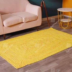 Handgevlochten geel katoenen tapijt in elke maat, rechthoekige katoenen loperdeurmat, karpet, boho-tapijt, chindi-tapijt, Indiaas decoratief tapijt