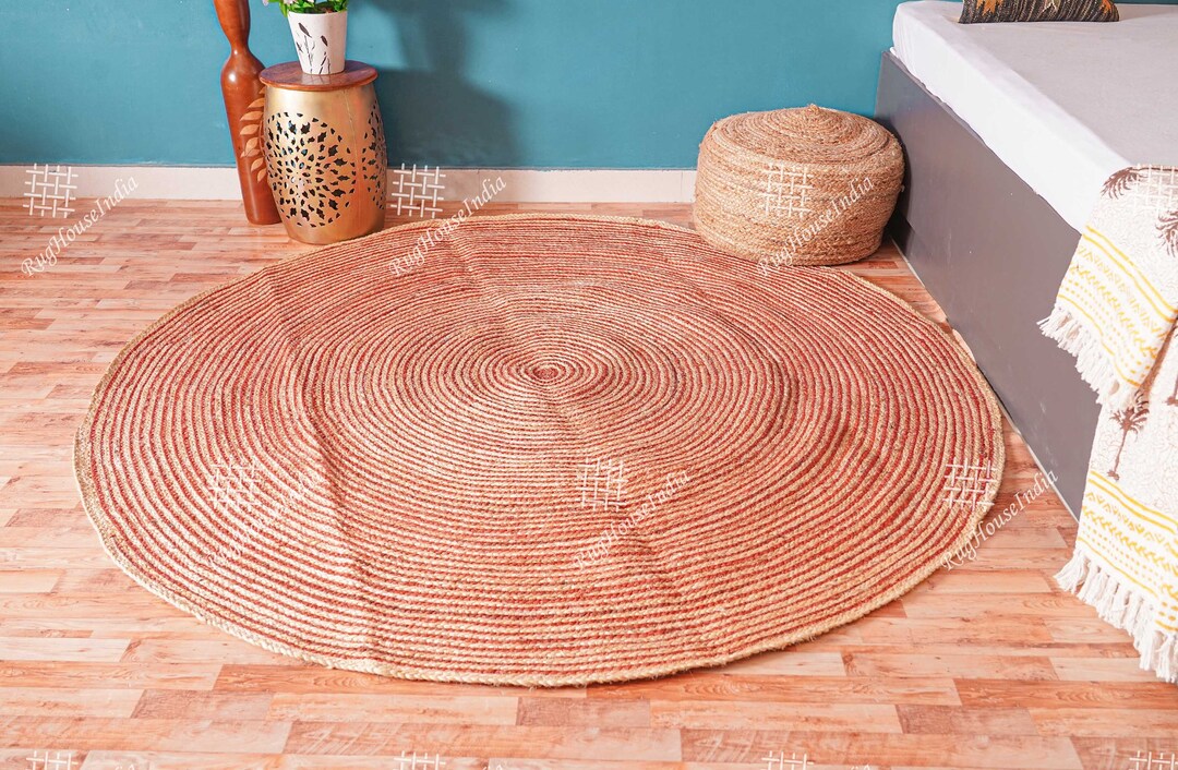 Round Jute Rug Red Indian Hand Braided Round Jute Rug Red With Beige Color Circle Area Rug ...