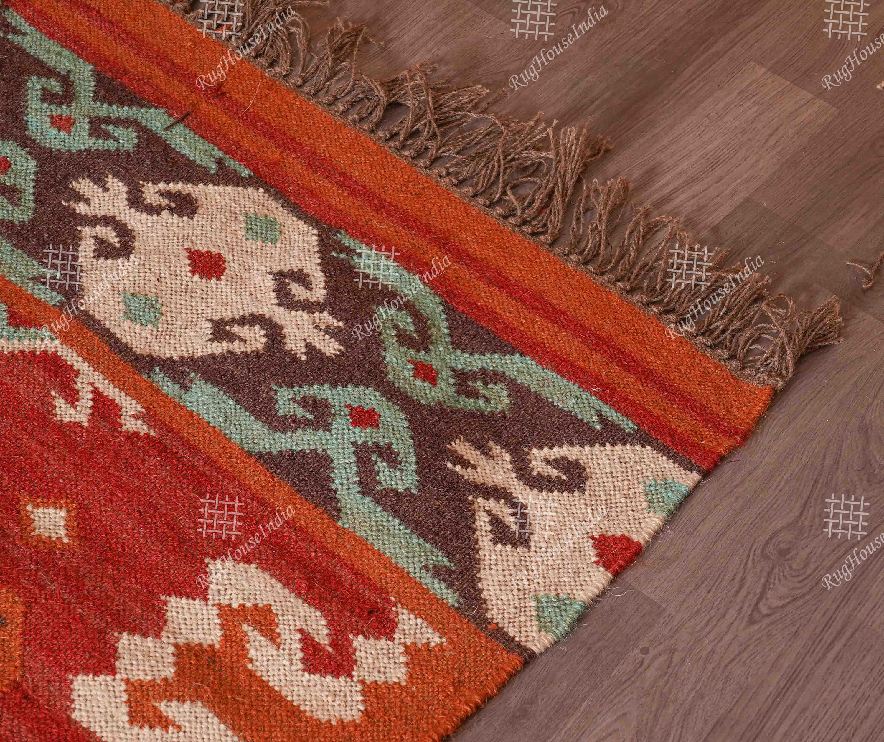 Handmade Vintage Wool Jute Kilim Rug – Multicolor Reversible Dhurrie With Fringes, Rectangle Shape