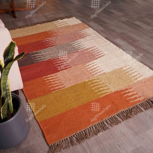 Indian Village Handmade Wool Jute Multicolor Kilim Area Rug/Dhurrie With Fringes, Rectangle Shape Rug, Vintage Jute Rug, Kitchen Décor Rug