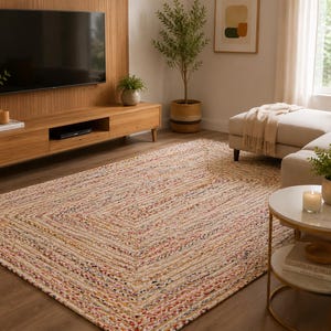 Handgevlochten witte, veelkleurige katoenen chindi-jute vloerkleden voor hal- of kamerdecoratie, rechthoekig chindi-vloerkleed van 1,5 x 2,4 meter in boho-stijl, jute vloerkleden op maat.