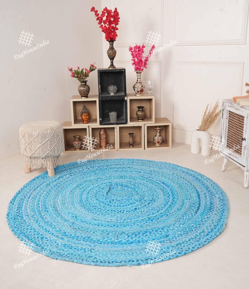 5x5 9x9 Ft. Handmade Round Cotton Chindi Rug, Decorative Sofa and
