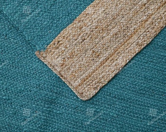 Indio trenzado a mano tamaño personalizado rectángulo corredor felpudo alfombra cian yute alfombra con borde beige para la entrada alfombra de yute decoración de la sala de estar