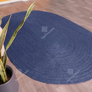 Natural Indian Hand Braided Oval Jute Rug With Blue Color Dhurrie Rug, Home Décor, Vintage Rug, Custom Size and Shape/Turkish Rug, Boho Rug