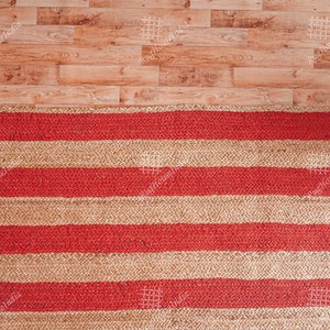 Indiaas handgevlochten beige jute vloerkleed met rode strepen, aangepast formaat jute vloerkleed, boho jute vloerkleed